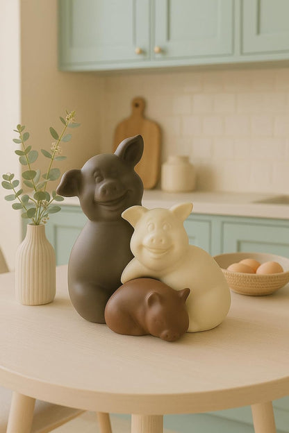 Home Décor Teddy Piggy Family Matte Finish Ceramic Figurines - (Set of 3, Matte Brown)