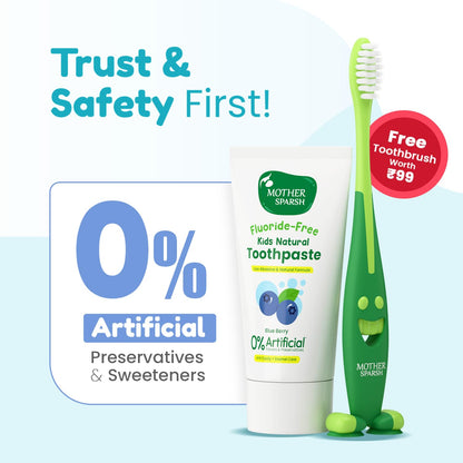 Mother Sparsh Toothpaste for Kids-50g, Blueberry (With Free Toothbrush) | Strengthens Gums, Whitens Teeth | Preservative & Fluoride Free Baby Toothpaste | Anti Cavity + Enamel Care