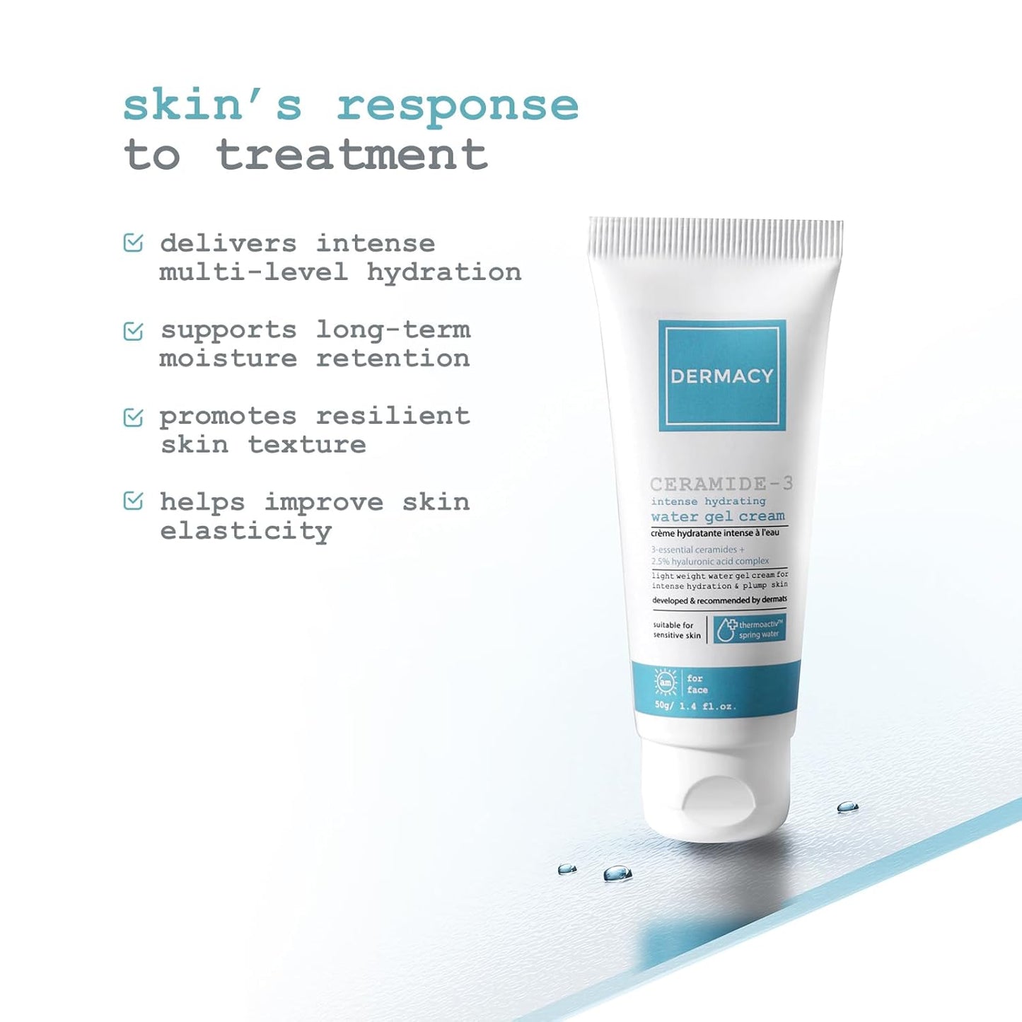 Dermacy Ceramide - 3 Intense Hydrating Water Gel Face Cream | Lightweight Cream For Intense Hydration & Plump Skin | 3 - Essential Ceramides + 2.5% Hyaluronic Acid Complex + ThermoActiv Spring Water | Suitable For Sensitive Skin | 50ml
