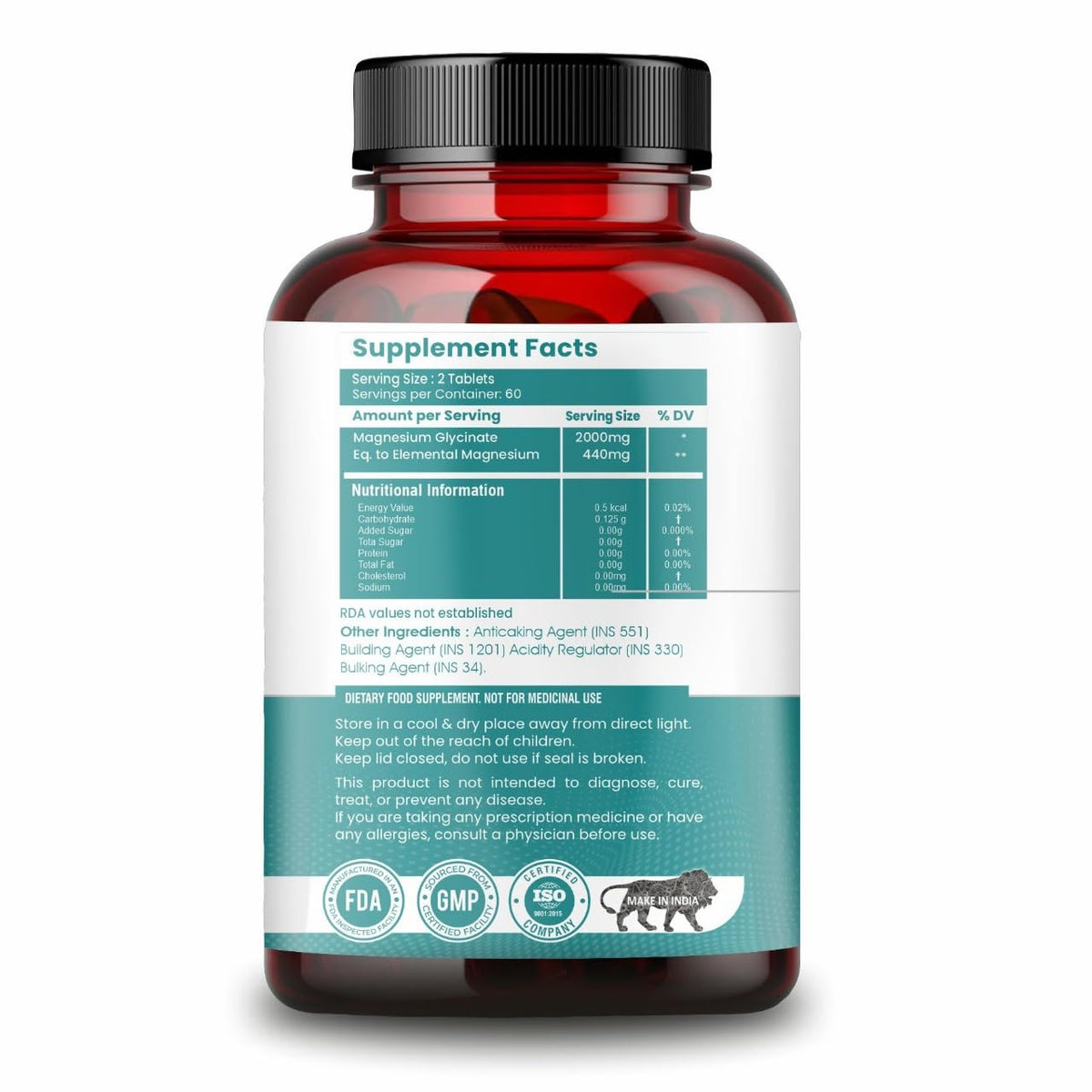 Supplement bottle with label showing supplement facts and nutritional information on a white background
