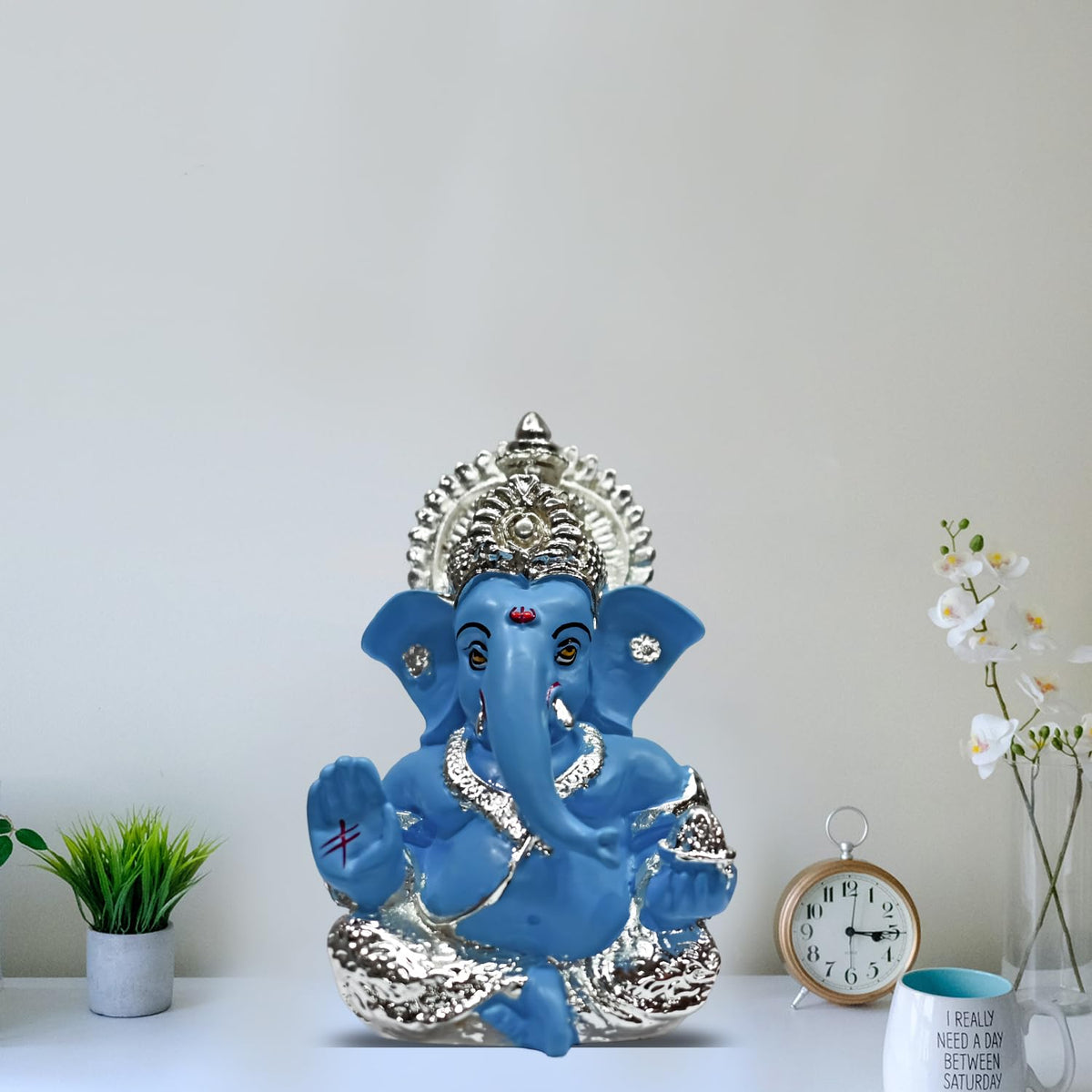 999 Silver Plated Ganesha Idol for Home Decor Puja |Ganesh Idol for Home Decor Ganpati for Gift 3.5 inches |Ganesh Statue Gift for Office Desk Puja Room Figurine (8.89 x 5.08 cm) (Sky Blue)