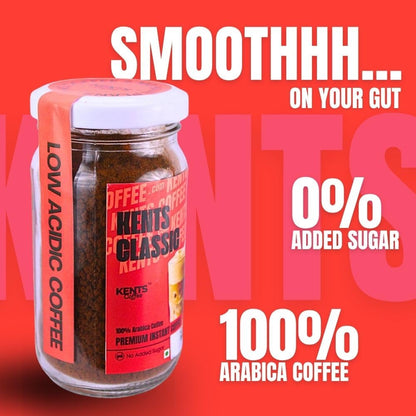 Kents Coffee Classic Instant Coffee (50g) | 100% Arabica from Chikmagalur | Low Acid Coffee | Medium Roast, Rich & Smooth Taste | No Added Sugar & No Preservatives | Espresso, Latte & Cappucino| Hot & Cold Coffee | 50g Unbreakable Jar