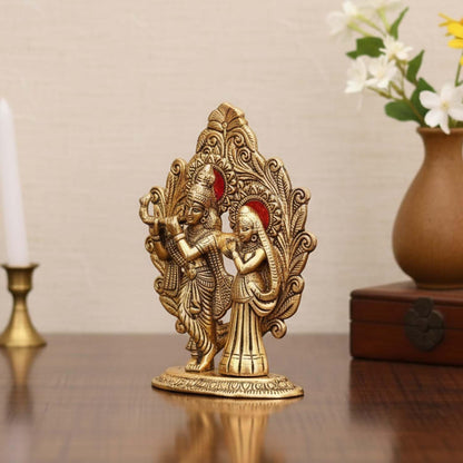 Designer Metal Oval Shaped Radha Krishna Idol Showpiece Murti Darbar for Home Decor Idol Showpiece Statue - Golden, Medium Size