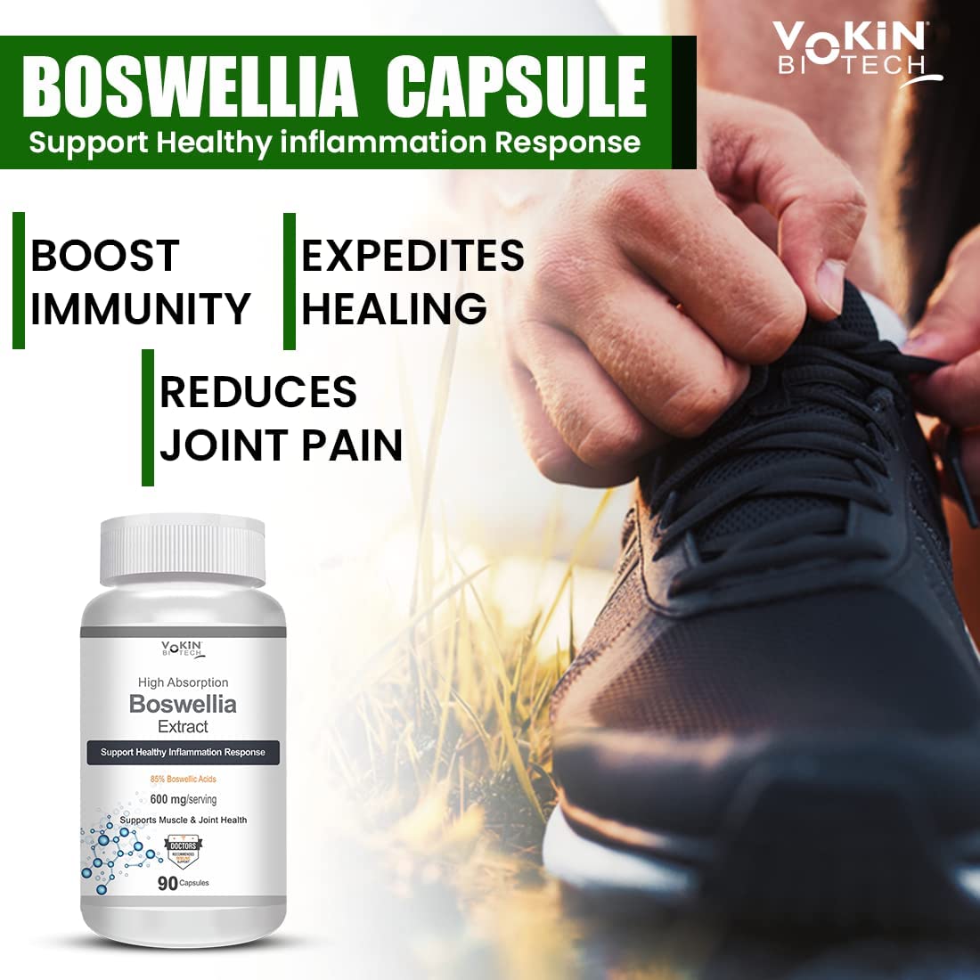 Boswellia capsule advertisement with a person tying a shoe, promoting immune support, healing, and reduced joint pain.
