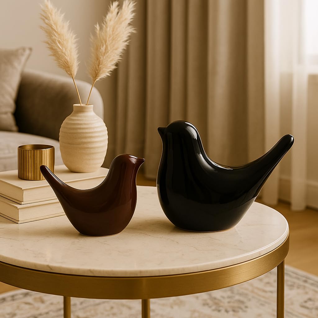 Creative Black and Brown Glossy Ceramic Birds Figurines Home Decorations Accessories Party (Pack of 2, Black and Brown)