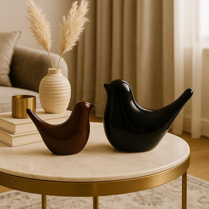 Creative Black and Brown Glossy Ceramic Birds Figurines Home Decorations Accessories Party (Pack of 2, Black and Brown)