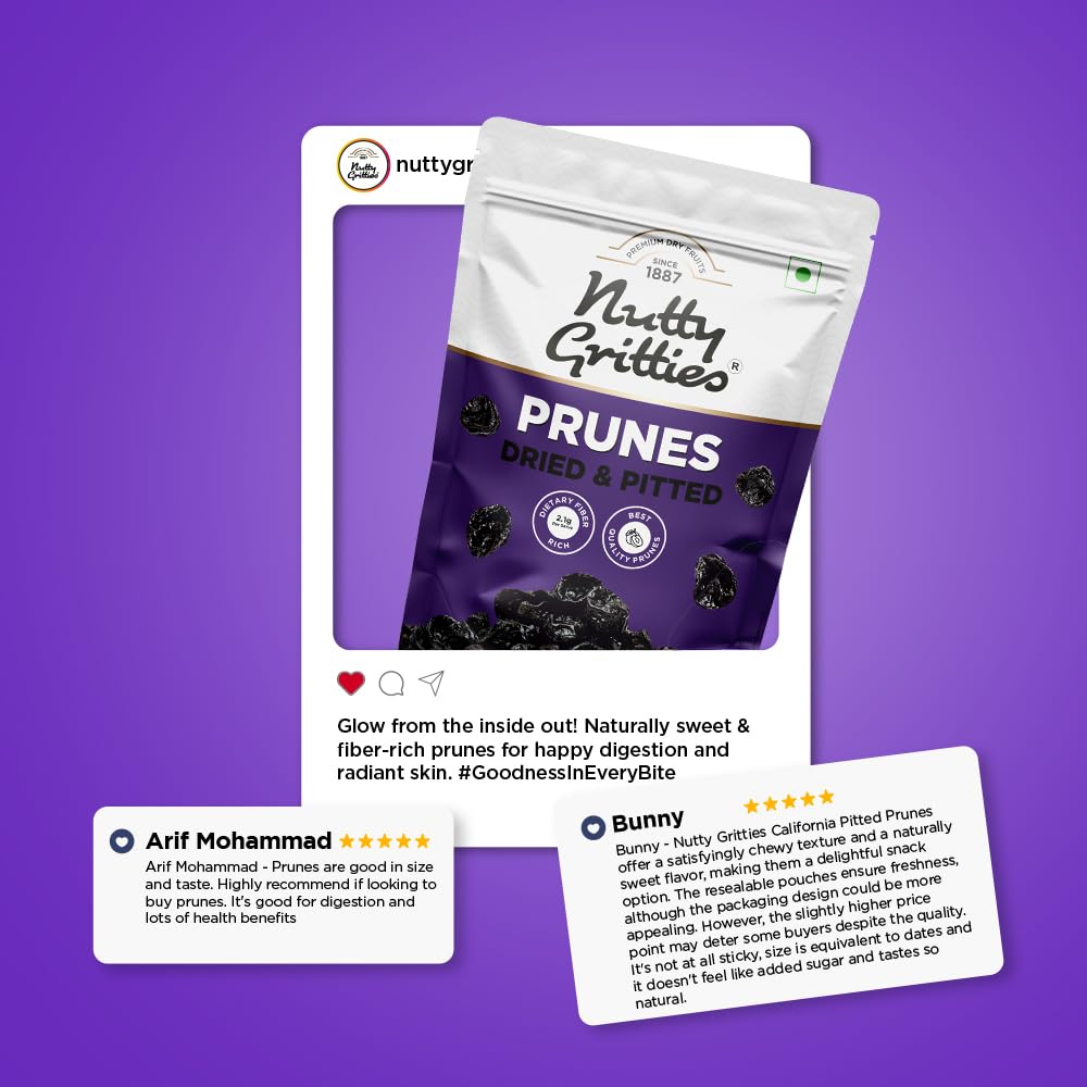 Nutty Gritties California Pitted Prunes 200g | Dried Fruit Plums | Naturally Sweet & Juicy | High in Fiber | Healthy Snack | Re-sealable Pouch