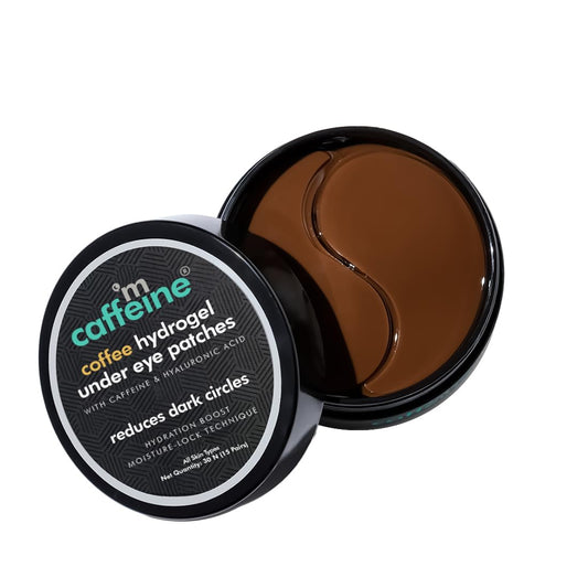 Coffee hydrogel under eye patches with packaging on a white background