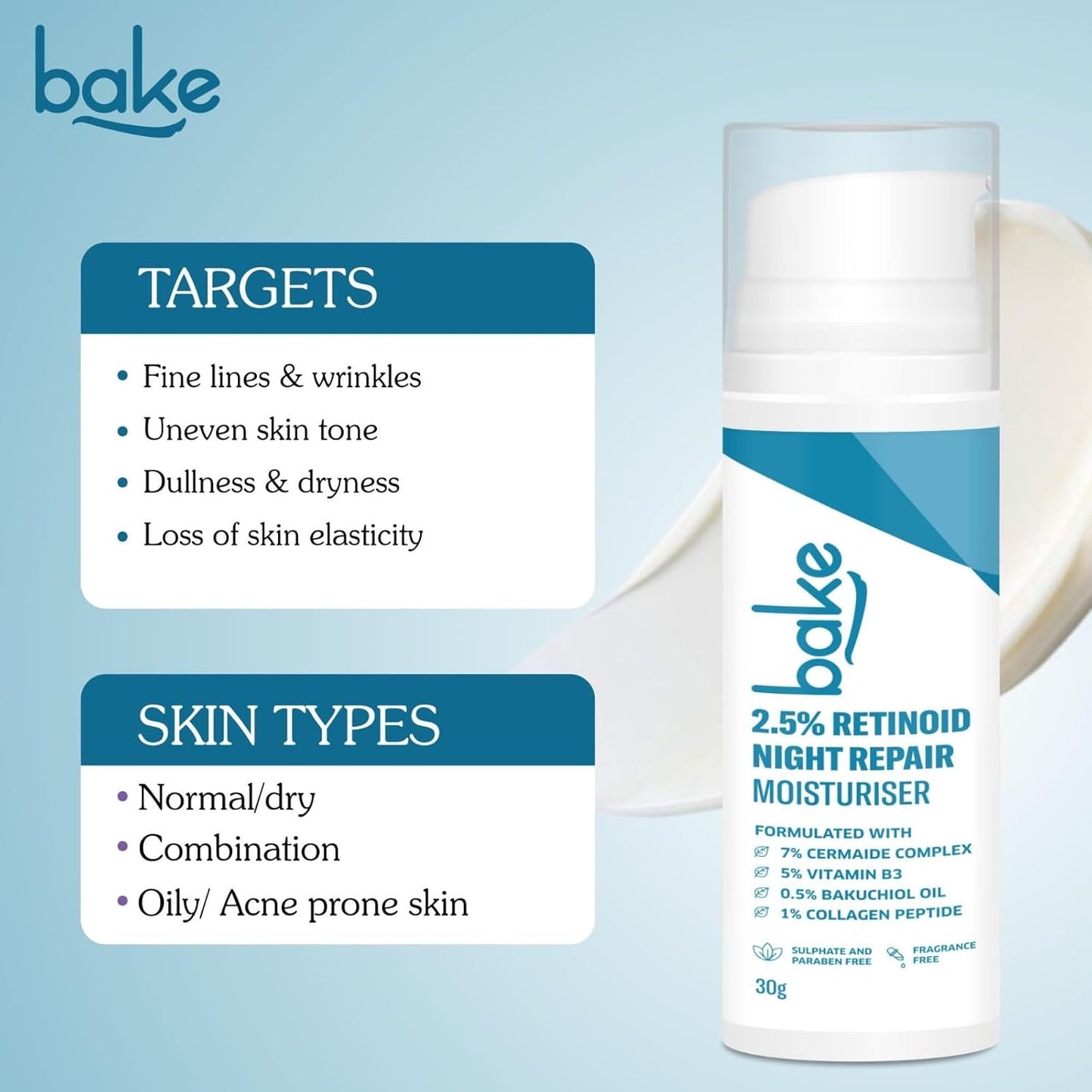 BAKE Retinol Night Cream with 2.5% Retinoid & Bakuchiol Oil for Anti Ageing, Fine Lines & Wrinkles | Retinol Night Repair Moisturizer | Lightweight, Non Sticky & Fragrance Free | All Skin Types | 30g