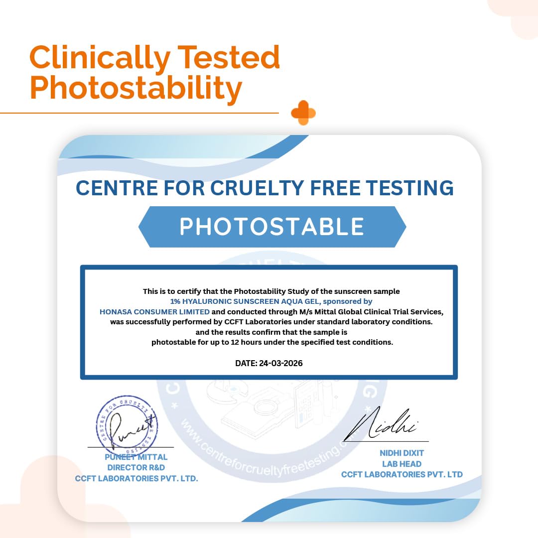Certification label for clinically tested photostability with branding and text details.