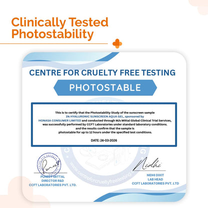 Certification label for clinically tested photostability with branding and text details.