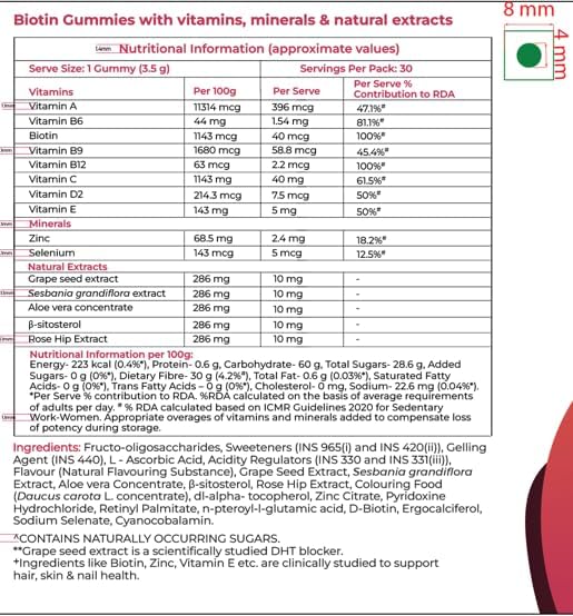 Siens By Dabur Hair, Skin & Nails (3 in 1 Gummies) - 30 pieces | Enriched with Biotin, DHT Blocker, Plant Extracts, Vitamins & Minerals | Brightens Skin, Control Hairfall, Strengthens Hair & Nails