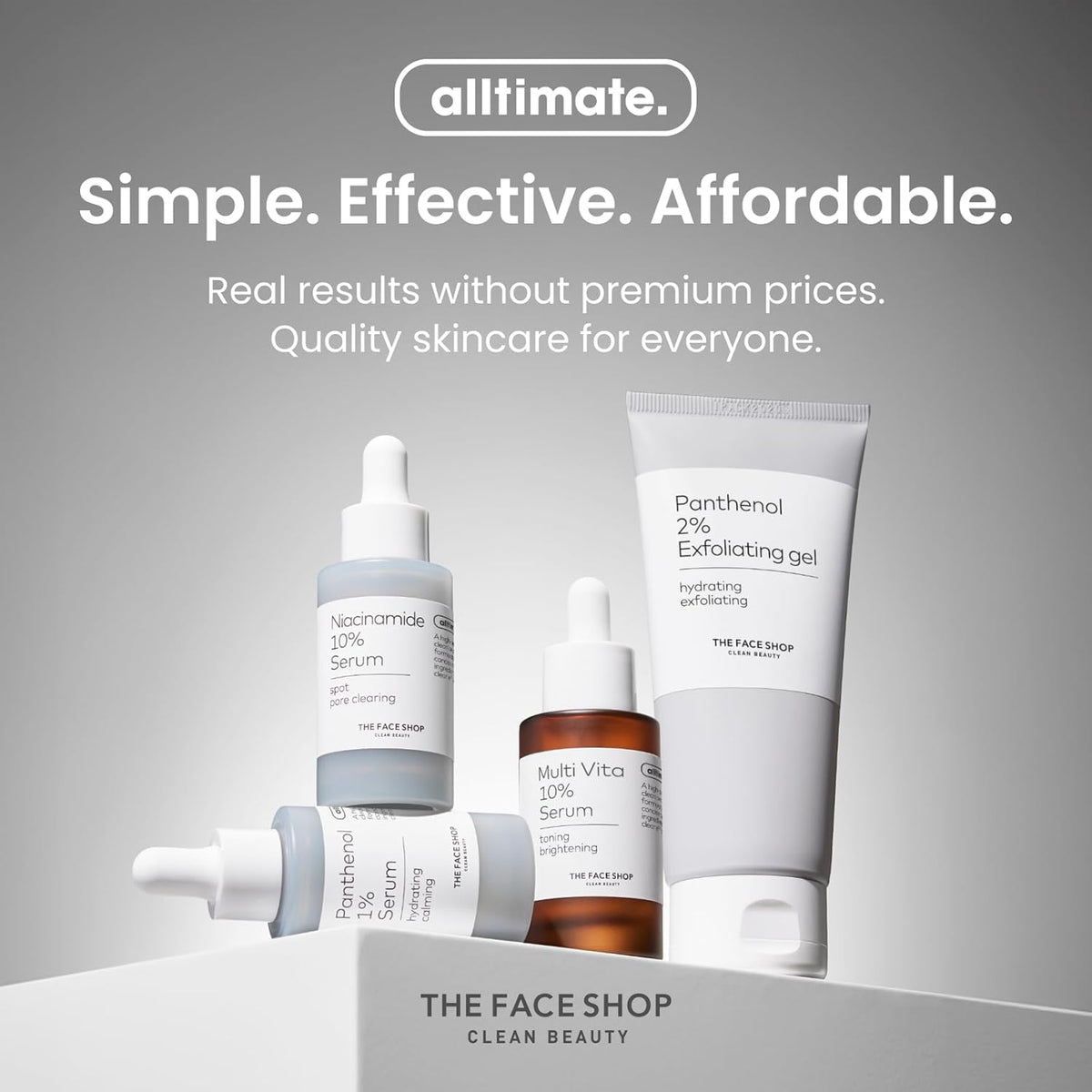 Skincare products from The Face Shop with 'alltime.' branding on a gray background