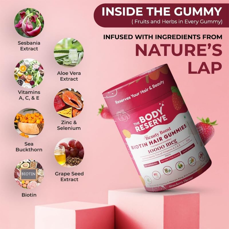 Hair gummy supplement packaging with nature's ingredients on a pink background