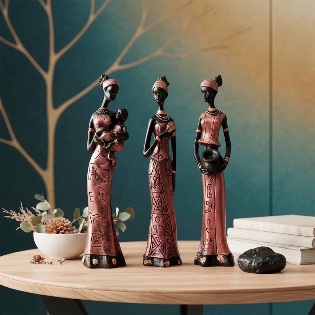 Home Decor African Tribal Women Art Piece (Set of 3, Rose Gold and Black Color)