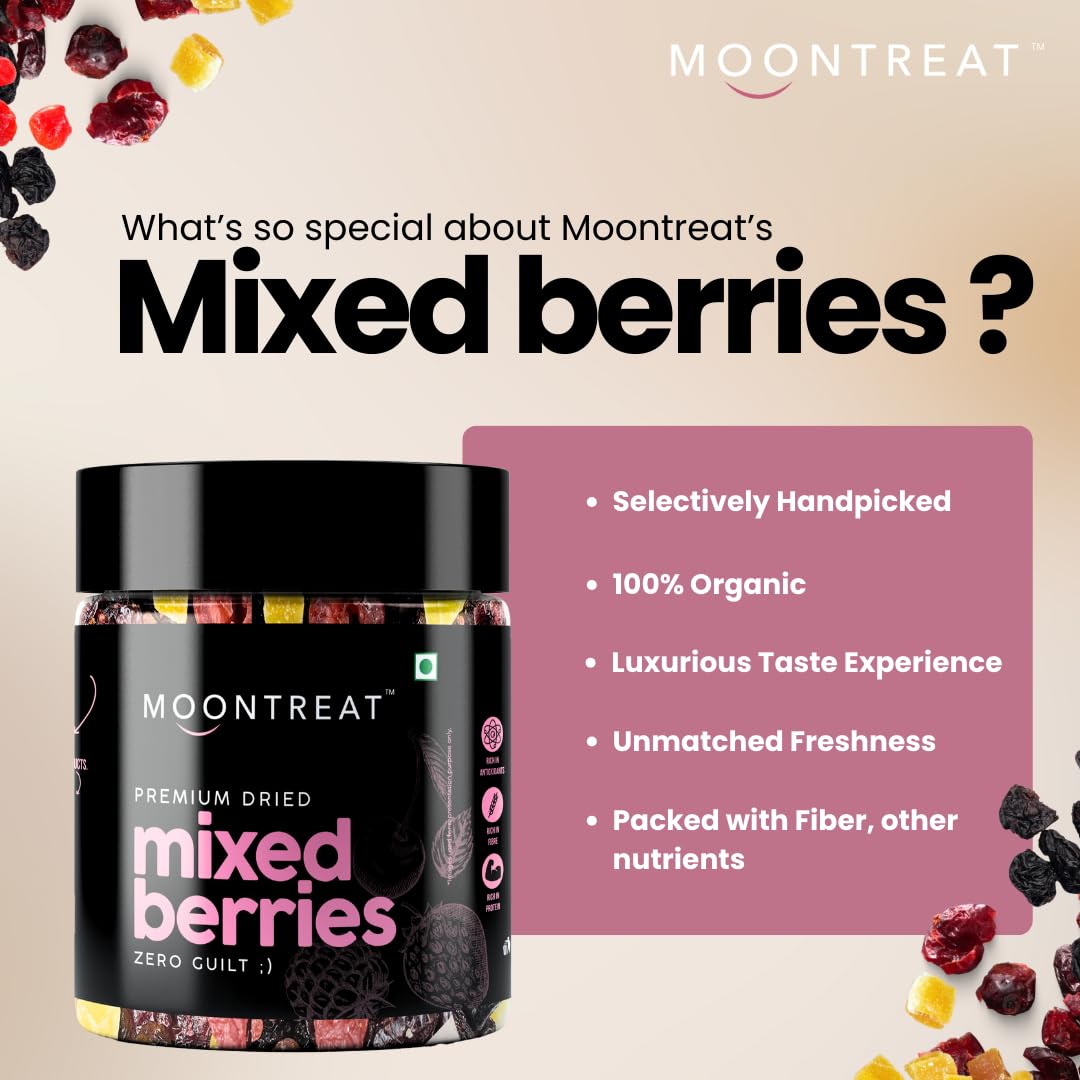 Moontreat Premium Mixed Berries, Unsalted, 360 gm (Dried Blueberry, Cranberry, Black Currant, Strawberry, Cherry, Mango, Raisin) | Dried Berries | Antioxidant Rich | Healthy Snack for Kids and Adults