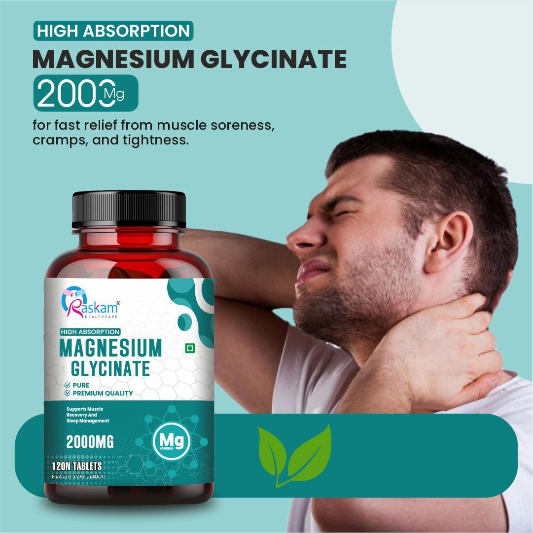 Magnesium glycinate supplement bottle with a man holding his neck against a blue background