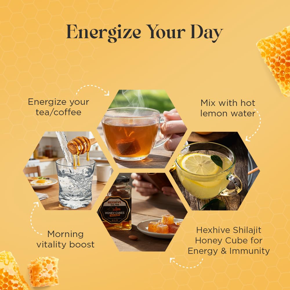 Promotional graphic for Hexhive Shilajit Honey Cube with images of honey being added to tea, lemon water, and coffee.