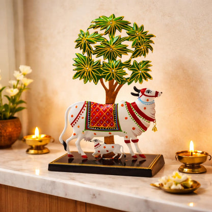 Kamdhenu Cow with Calf Idol for Home Decoration Items for Living Room, Tealight Candle Holder for Pooja Room, Handpainted Rajasthani Showpiece, Wedding Anniversary House Warming Gifts