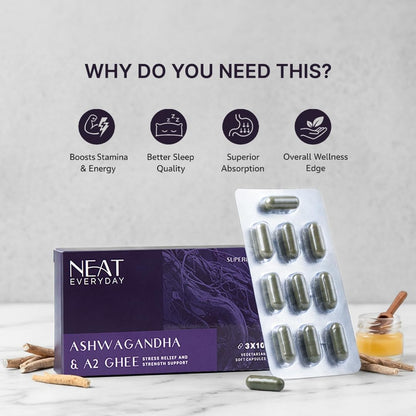 Neat Everyday Ashwagandha & A2 Ghee Capsules | Adaptogen Superblend with Shatavari & Gokshura | Ayurvedic Supplement for Stress Relief, Anxiety, Sleep & Stamina | For Men & Women | 30 Capsules