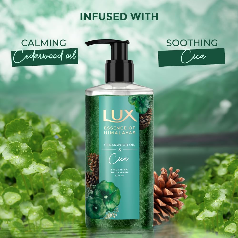 Lux body wash bottle with green label on a nature-themed background
