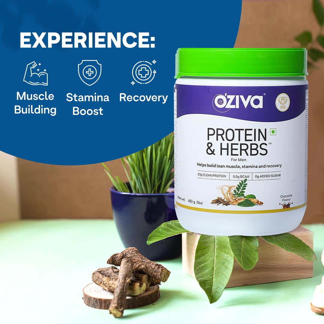 OZiva Protein & Herbs for Men (Cafe Mocha) I Muscle Building, Stamina & Recovery | Clean Protein, Shatavari, Green Tea I No Added Sugar, 1lbs (453gm)