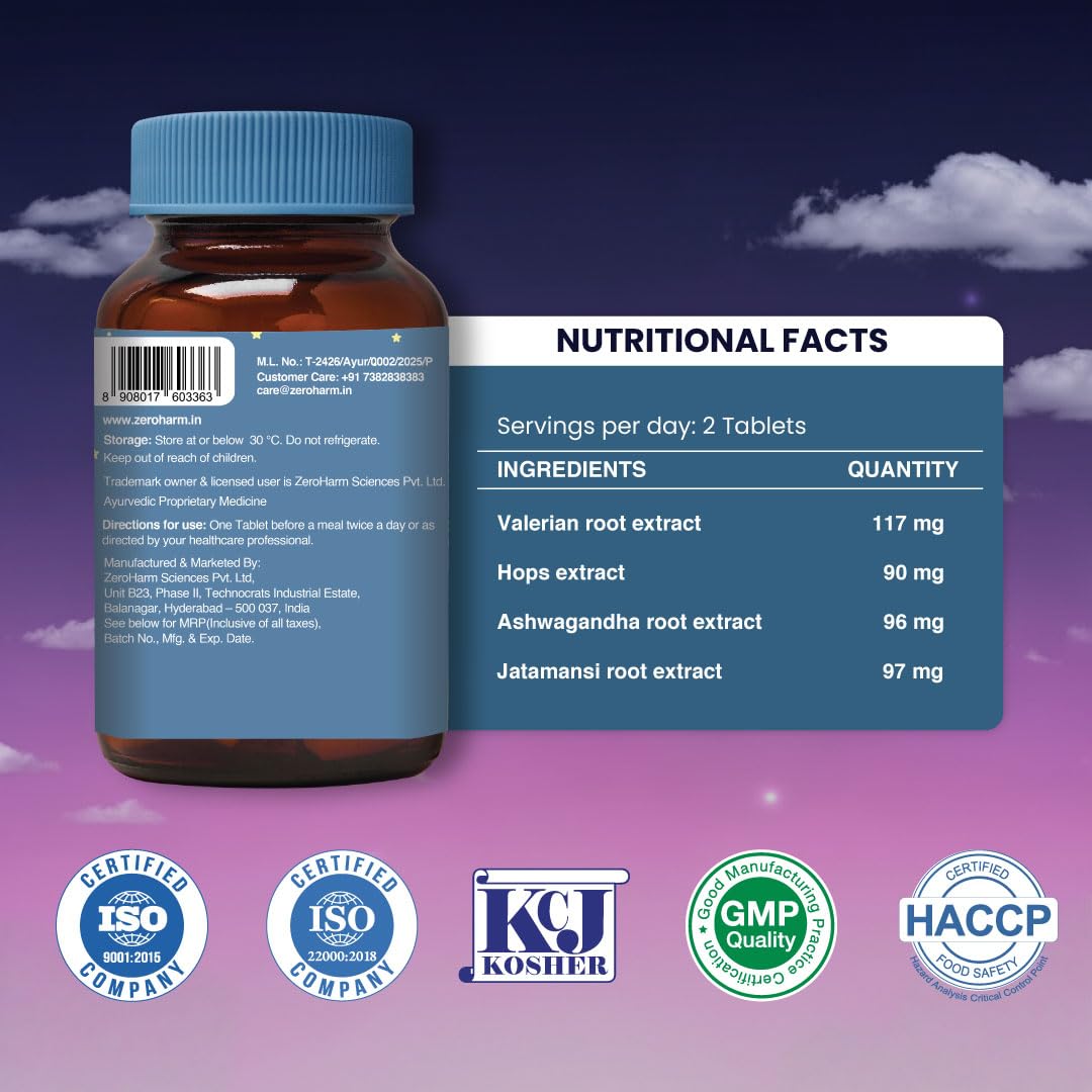 ZEROHARM Sleep Ease | No Melatonin | With Valerian, Ashwagandha, Jatamansi & Hops | Plant-Based Sleep Support | Non-Habit Forming | Promotes Deep Restful Sleep & Relaxation for Men, Women | 60 Tablets