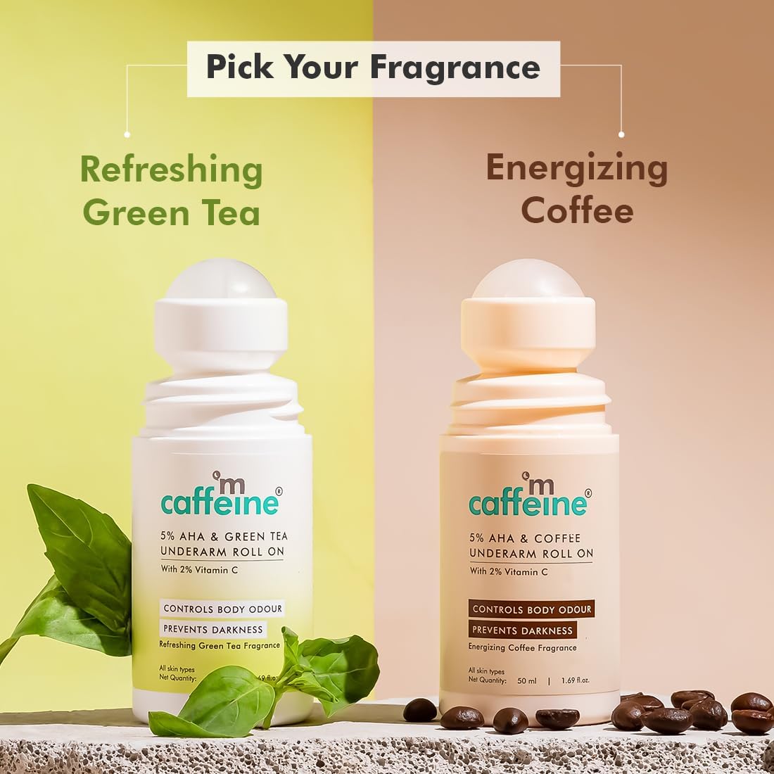Two bottles of 'm caffeine' underarm roll-ons with green tea and coffee scents on a neutral background.