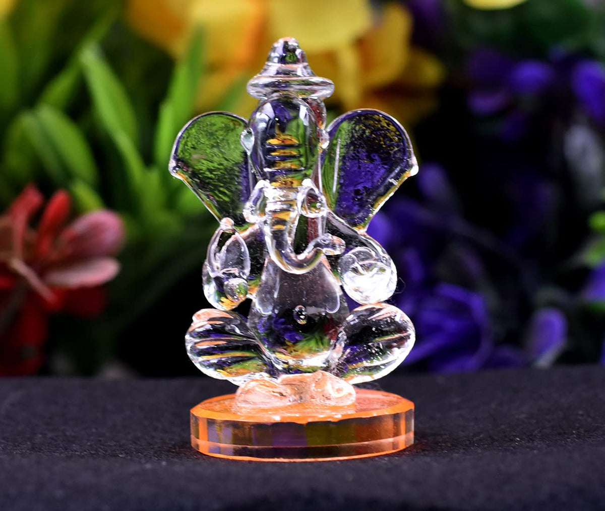 God Ganesh Statue (Murti) Idol Showpiece Handmade Crystal Glass for Worship, Decoration, Car Dashboard, (Orange)
