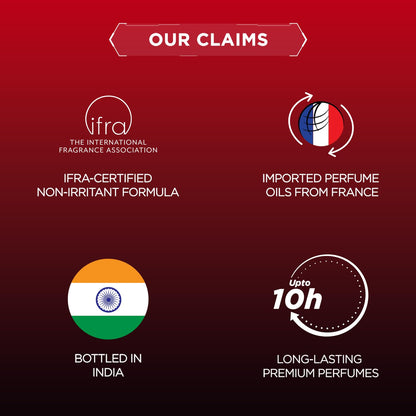 List of product claims including IFRA certification, imported perfume oils from France, bottling in India, and long-lasting premium perfumes on a red background.