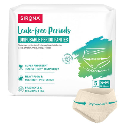 Sirona Disposable Period Panty for Girls & Women |S-M | Pack of 5 | 360° Coverage for Stress Free Periods | Leakage Protection for Heavy Flow | Rash Free | Super Absorbent with Comfortable Fit
