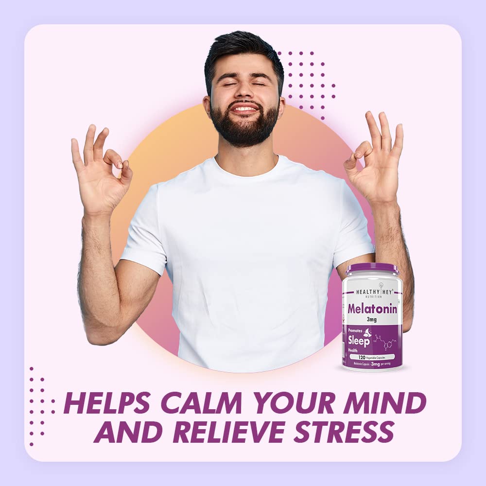 Man holding a bottle of melatonin with promotional text on a colorful background
