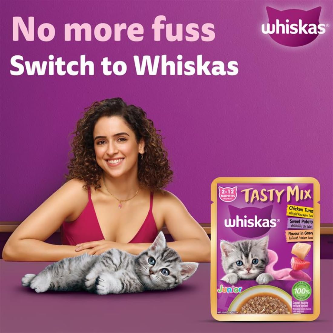 Whiskas Tasty Mix Kitten (2-12 Months) Wet Cat Food, Chicken, Tuna with Sweet Potato in Gravy, 70 g, 100% Complete & Balanced Nutrition for Kittens