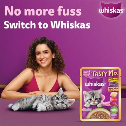 Whiskas Tasty Mix Kitten (2-12 Months) Wet Cat Food, Chicken, Tuna with Sweet Potato in Gravy, 70 g, 100% Complete & Balanced Nutrition for Kittens