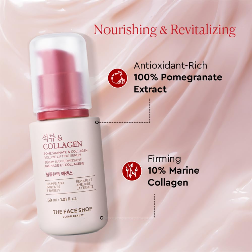 Skincare serum bottle with pomegranate and marine collagen text on a pink background