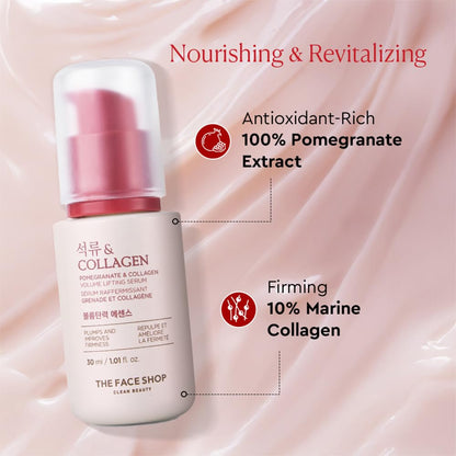 Skincare serum bottle with pomegranate and marine collagen text on a pink background