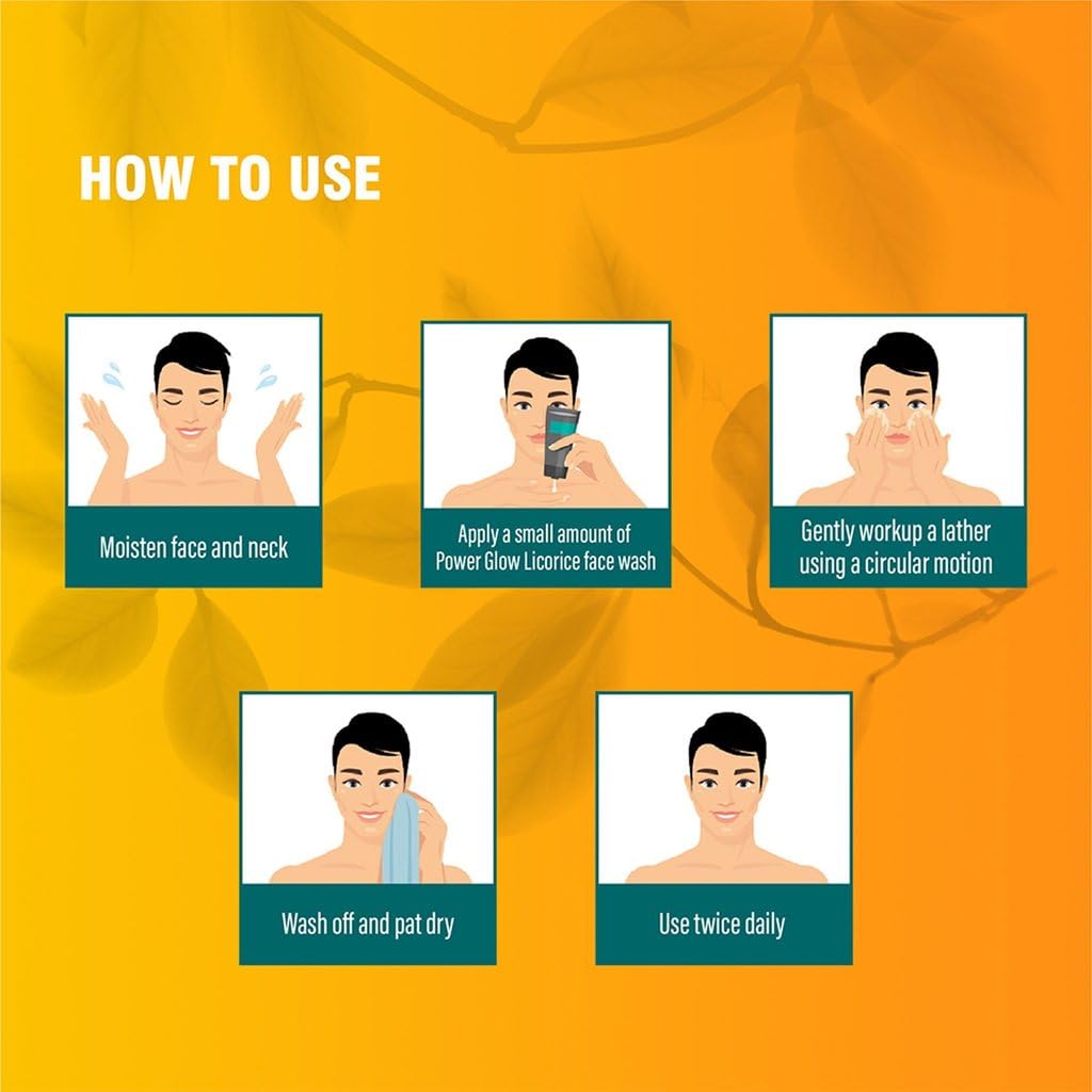 Instructions on how to use a facial cleanser with cartoon illustrations of a man washing his face.