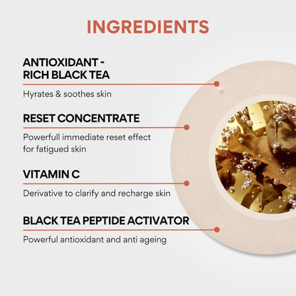 Product ingredients list with a close-up of tea leaves in a teacup on a light gray background.