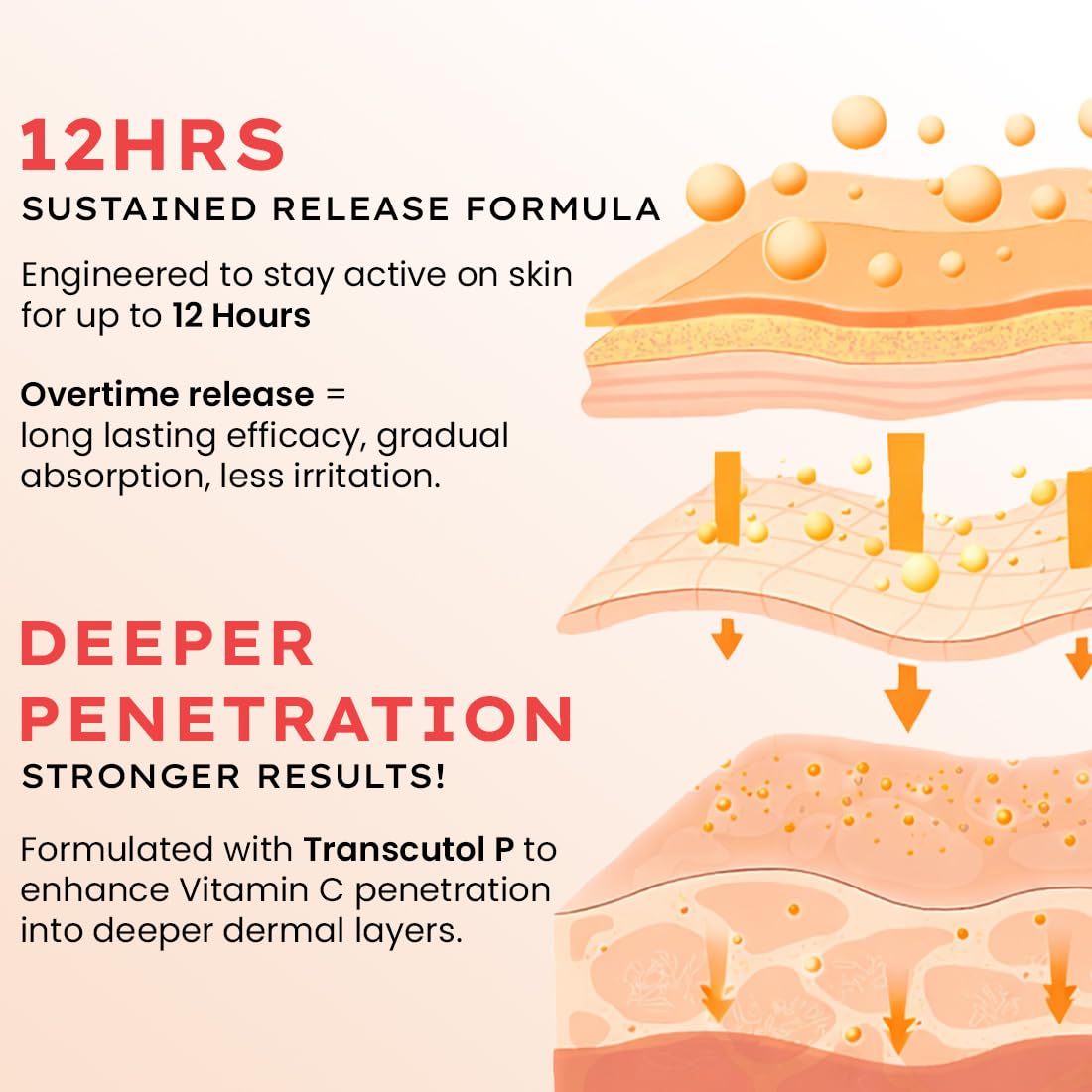 Illustration of skin layers with sustained release formula and deeper penetration benefits.