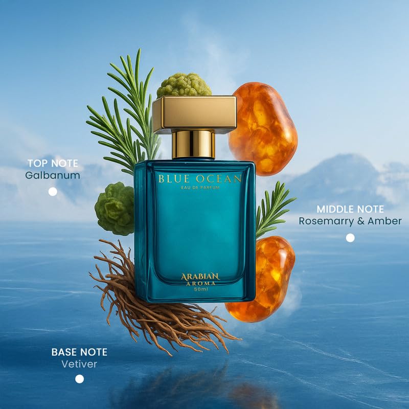 Blue Ocean perfume bottle with botanical elements on a blue background