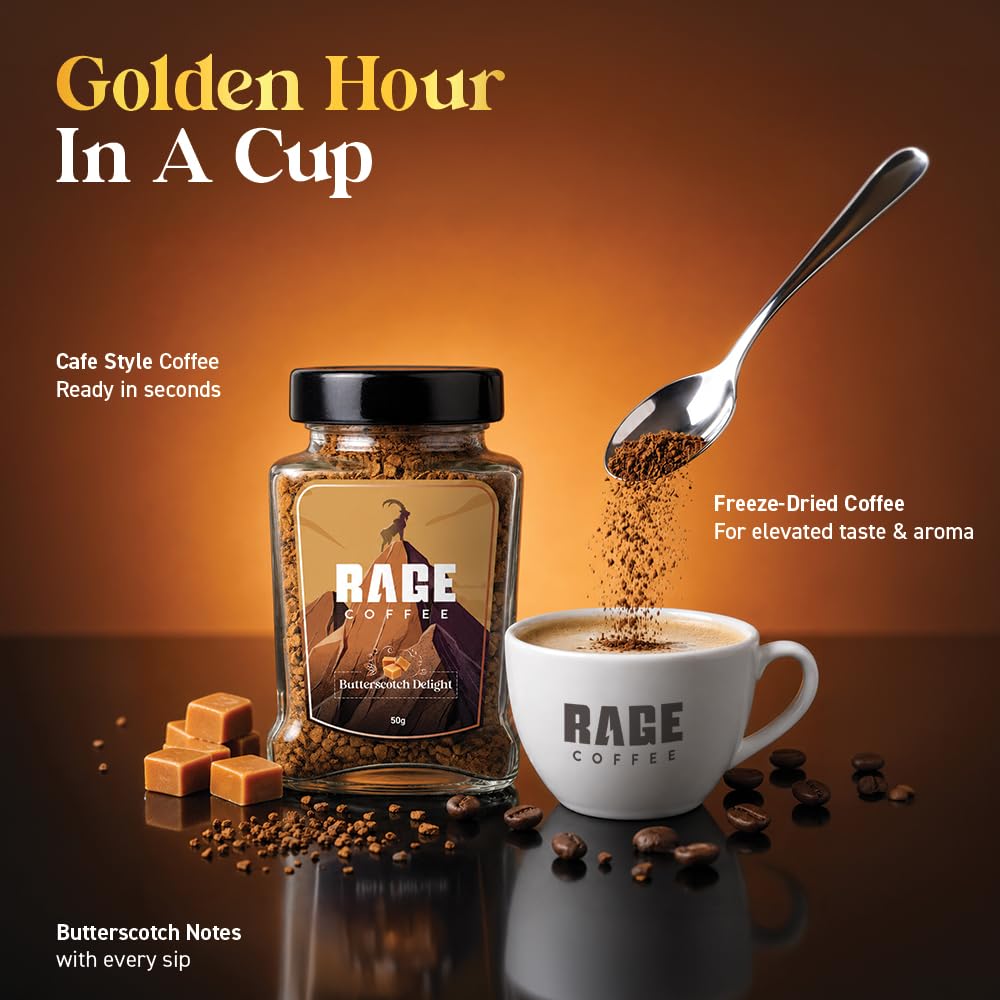 Rage Coffee Butterscotch Delight Flavour - Premium Arabica Instant Coffee (Make Delicious Hot/Cold Coffee) | (Butterscotch Delight, 50g)