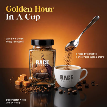 Rage Coffee Butterscotch Delight Flavour - Premium Arabica Instant Coffee (Make Delicious Hot/Cold Coffee) | (Butterscotch Delight, 50g)