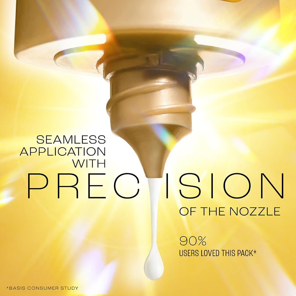 Gold nozzle with a stream of liquid against a yellow background, featuring text about precision and user satisfaction.