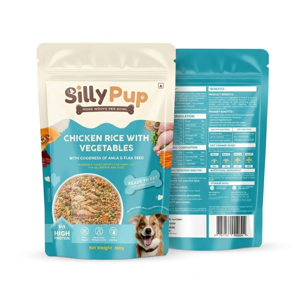 Silly Pup Chicken Rice with Vegetables Wet Dog Food | Amla, Flax Seeds, Turmeric, Ashwagandha & Pumpkin | No Sugar or Preservatives | Vet Crafted | All Breeds (1 Pouch, 100g)