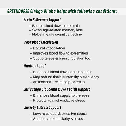GREENDORSE Organic Ginkgo Biloba Pure Extract 120 mg | Standardized to 24% Flavone Glycosides & 6% Terpene Lactones | Cognitive Support, Circulation Booster & Antioxidant - 60 Veg Capsules