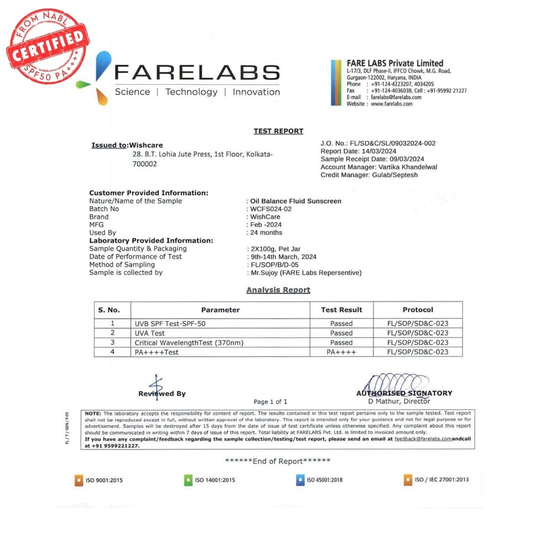 Fare Labs test report with certification logo on a white background