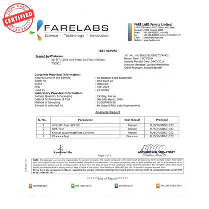 Fare Labs test report with certification logo on a white background