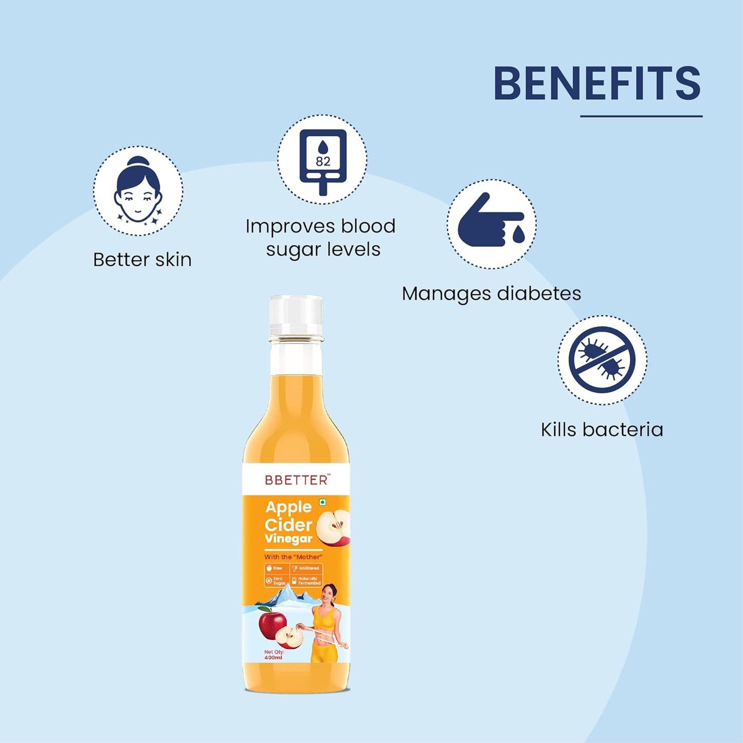 BBETTER Apple Cider Vinegar For Weight Loss- 400ml - Helps Weight loss- Unfiltered & Natural Raw Apple Cider Vinegar with The Mother