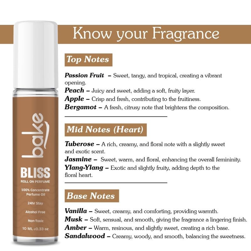 BAKE Bliss Attar Oil Concentrated Perfume Oil Roll on Fragrance| 24 Hours Stay & Alcohol Free | Unisex,Passion Fruit | 10ml