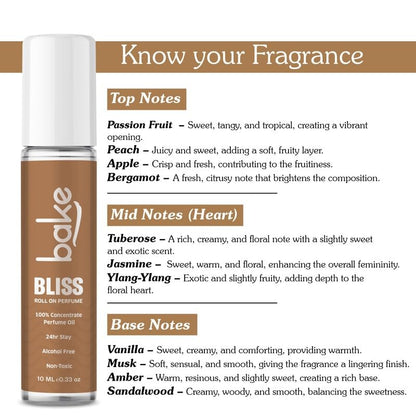 BAKE Bliss Attar Oil Concentrated Perfume Oil Roll on Fragrance| 24 Hours Stay & Alcohol Free | Unisex,Passion Fruit | 10ml